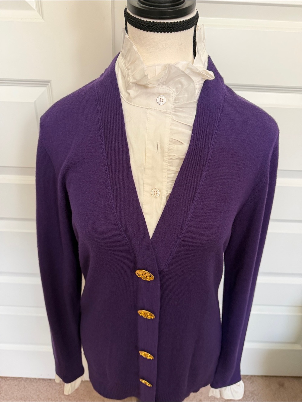 Purple V-Neck Button Cardigan Sweater Tory Burch Size L Merino Wool - Picture 2 of 7
